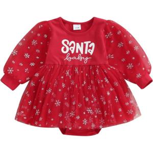 imageKuriozud Baby Christmas Outfits Dress Girl Long Sleeve Bubble Romper My First Christmas Onesie Clothes Fall Winter ClothingRed Santa Baby