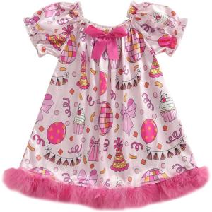imageKuriozud Birthday Girl Outfit Silk Birthday Pajamas Dress Nightgown Feather Trim Pjs Toddler Little Girl GiftPink