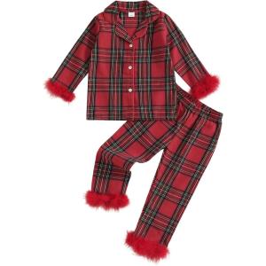 imageKuriozud Kids Christmas Pajamas Toddler Baby Boy Girl Button Down Pjs Tops Pants Little Boys Girls Christmas Pajama SetBuffalo Plaid Red