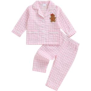 imageKuriozud Kids Christmas Pajamas Toddler Baby Boy Girl Button Down Pjs Tops Pants Little Boys Girls Christmas Pajama SetGingerbread Plaid Print Pink