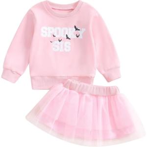 imageKuriozud Toddler Baby Girl Halloween Outfits 6 9 12 18 24Month 2t 3t 4t Sweatshirt TopTutu Tulle Skirt Set Halloween CothesSpooky Sis Pink