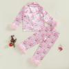 imageKuriozud Kids Christmas Pajamas Toddler Girl Santa Feather Trim Button Down Tops Pants Girls Bow Sleepwear Silk Satin Pjs SetSanta Claus Pink