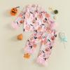 imageKuriozud Toddler Kids Little Girls Halloween Satin Pajamas Pumpkin Feather Trim Sleeve Button Down Sleepwear Pjs Set 19 YPink