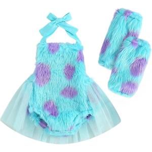 imageKuriozud Baby Girl Halloween Outfit Sleeveless Halterneck Furry Ghost Romper Dress with Leg Warmer Halloween ClothesBlue