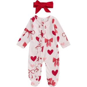 imageKuriozud First Valentines Baby Girl Outfit Newborn Heart Footed Jumpsuit Ruffle Zipper Romper Baby Coming Home Outfit Valentines Day heart bowRed 03 Months