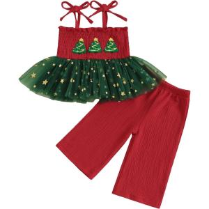 imageKuriozud Halloween Toddler Baby Girl Outfit Pumpkin Patch Tank TopWide Leg Pants Set Kids Little Girl Halloween ClothesXmas Red Green