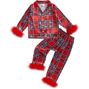 imageKuriozud Kids Christmas Pajamas Toddler Girl Santa Feather Trim Button Down Tops Pants Girls Bow Sleepwear Silk Satin Pjs SetBuffalo Plaid Red