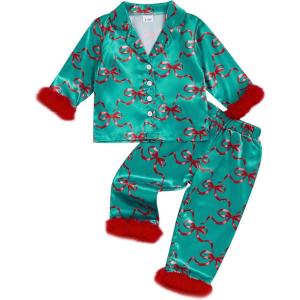 imageKuriozud Kids Christmas Pajamas Toddler Girl Santa Feather Trim Button Down Tops Pants Girls Bow Sleepwear Silk Satin Pjs SetChristmas Bow Green