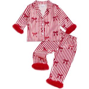 imageKuriozud Kids Christmas Pajamas Toddler Girl Santa Feather Trim Button Down Tops Pants Girls Bow Sleepwear Silk Satin Pjs SetChristmas Bow Stripe Red