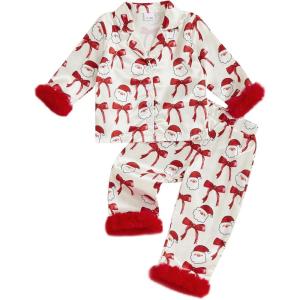 imageKuriozud Kids Christmas Pajamas Toddler Girl Santa Feather Trim Button Down Tops Pants Girls Bow Sleepwear Silk Satin Pjs SetChristmas Santa and Bow White