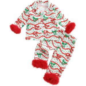 imageKuriozud Kids Christmas Pajamas Toddler Girl Santa Feather Trim Button Down Tops Pants Girls Bow Sleepwear Silk Satin Pjs SetColorful Bow Red