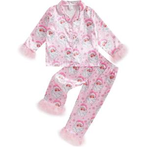 imageKuriozud Kids Christmas Pajamas Toddler Girl Santa Feather Trim Button Down Tops Pants Girls Bow Sleepwear Silk Satin Pjs SetSanta Claus Pink