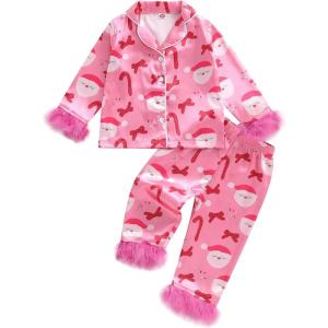 imageKuriozud Kids Christmas Pajamas Toddler Girl Santa Feather Trim Button Down Tops Pants Girls Bow Sleepwear Silk Satin Pjs SetSanta Claus and Cane Candy Pink