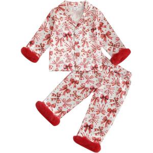 imageKuriozud Kids Christmas Pajamas Toddler Girl Santa Feather Trim Button Down Tops Pants Girls Bow Sleepwear Silk Satin Pjs SetZ Bow Red
