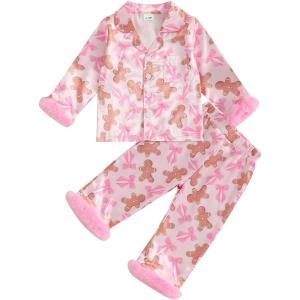 imageKuriozud Kids Christmas Pajamas Toddler Girl Santa Feather Trim Button Down Tops Pants Girls Bow Sleepwear Silk Satin Pjs SetZ Gingerbread Man Pink