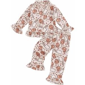imageKuriozud Toddler Girl Christmas Silk Pajamas Ruffle Button Down 2 Piece Pajama Set Kids Little Girls Pjs Nightgown OutfitBeige Cookie