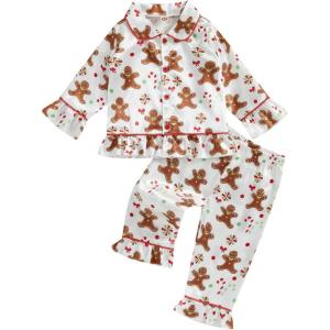 imageKuriozud Toddler Girl Christmas Silk Pajamas Ruffle Button Down 2 Piece Pajama Set Kids Little Girls Pjs Nightgown OutfitBeige Gingerbread
