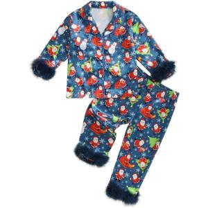 imageKuriozud Toddler Girl Christmas Silk Pajamas Ruffle Button Down 2 Piece Pajama Set Kids Little Girls Pjs Nightgown OutfitBlue Santa Feather Trim