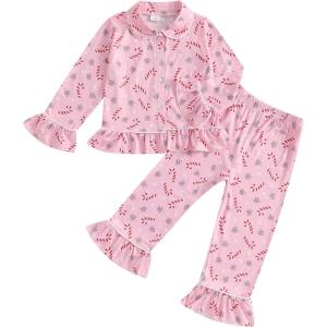 imageKuriozud Toddler Girl Christmas Silk Pajamas Ruffle Button Down 2 Piece Pajama Set Kids Little Girls Pjs Nightgown OutfitPink Candy Cane