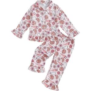 imageKuriozud Toddler Girl Christmas Silk Pajamas Ruffle Button Down 2 Piece Pajama Set Kids Little Girls Pjs Nightgown OutfitPink Cookie