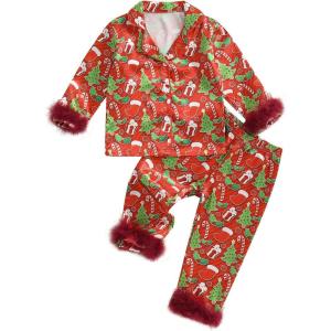 imageKuriozud Toddler Girl Christmas Silk Pajamas Ruffle Button Down 2 Piece Pajama Set Kids Little Girls Pjs Nightgown OutfitRed Feather Trim