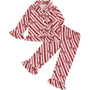 imageKuriozud Toddler Girl Christmas Silk Pajamas Ruffle Button Down 2 Piece Pajama Set Kids Little Girls Pjs Nightgown OutfitRed Stripedbowtie