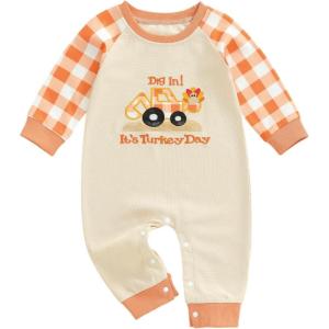 imageKuriozud Newborn Baby Boy Thanksgiving Outfit Little Turkey Romper Long Sleeve Jumpsuit Infant Boy Fall ClothesTurkey Excavator Plaid Apricot