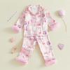 image:imageKuriozud Kids Toddler Girl Satin Pajamas Fuzzy Trim Long Sleeve Button Down Shirt Top and Pants 2pcs Pjs Sets SleepwearBirthday Cake Light Pink