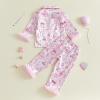 image:imageKuriozud Kids Toddler Girl Satin Pajamas Fuzzy Trim Long Sleeve Button Down Shirt Top and Pants 2pcs Pjs Sets SleepwearBirthday Cake Pink