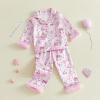 image:imageKuriozud Kids Toddler Girl Satin Pajamas Fuzzy Trim Long Sleeve Button Down Shirt Top and Pants 2pcs Pjs Sets SleepwearBirthday Cake Pink