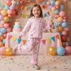 image:imageKuriozud Kids Toddler Girl Satin Pajamas Fuzzy Trim Long Sleeve Button Down Shirt Top and Pants 2pcs Pjs Sets SleepwearBirthday Cake Pink