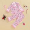 image:imageKuriozud Kids Toddler Girl Satin Pajamas Fuzzy Trim Long Sleeve Button Down Shirt Top and Pants 2pcs Pjs Sets SleepwearChristmas Tree Santa Pink
