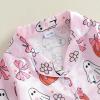 image:imageKuriozud Kids Toddler Girl Satin Pajamas Fuzzy Trim Long Sleeve Button Down Shirt Top and Pants 2pcs Pjs Sets SleepwearFloral Ghost Bow Pink