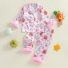 image:imageKuriozud Kids Toddler Girl Satin Pajamas Fuzzy Trim Long Sleeve Button Down Shirt Top and Pants 2pcs Pjs Sets SleepwearFloral Ghost Bow Pink
