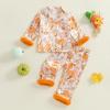 image:imageKuriozud Kids Toddler Girl Satin Pajamas Fuzzy Trim Long Sleeve Button Down Shirt Top and Pants 2pcs Pjs Sets SleepwearFloral Pumpkin Spice Orange