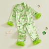 image:imageKuriozud Kids Toddler Girl Satin Pajamas Fuzzy Trim Long Sleeve Button Down Shirt Top and Pants 2pcs Pjs Sets SleepwearSt Patricks Day Rainbow Green