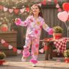 image:imageKuriozud Kids Toddler Girl Satin Pajamas Fuzzy Trim Long Sleeve Button Down Shirt Top and Pants 2pcs Pjs Sets SleepwearValentines Heart Rose Red