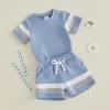 image:imageKuriozud Newborn Baby Boy Summer Clothes Button Short Sleeve Romper Bodysuit Shorts Set Infant Soft Waffle OutfitColor Block Blue