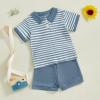 image:imageKuriozud Newborn Baby Boy Summer Clothes Button Short Sleeve Romper Bodysuit Shorts Set Infant Soft Waffle OutfitLapel Shirt Striped Blue