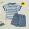 image:imageKuriozud Newborn Baby Boy Summer Clothes Button Short Sleeve Romper Bodysuit Shorts Set Infant Soft Waffle OutfitLapel Shirt Striped Blue