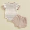 image:imageKuriozud Newborn Baby Boy Summer Clothes Button Short Sleeve Romper Bodysuit Shorts Set Infant Soft Waffle OutfitStriped Beige