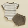 image:imageKuriozud Newborn Baby Boy Summer Clothes Button Short Sleeve Romper Bodysuit Shorts Set Infant Soft Waffle OutfitStriped Olive Green