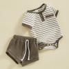 image:imageKuriozud Newborn Baby Boy Summer Clothes Button Short Sleeve Romper Bodysuit Shorts Set Infant Soft Waffle OutfitStriped Olive Green
