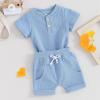 image:imageKuriozud Newborn Baby Boy Summer Clothes Button Short Sleeve Romper Bodysuit Shorts Set Infant Soft Waffle OutfitWaffle Blue