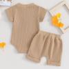 image:imageKuriozud Newborn Baby Boy Summer Clothes Button Short Sleeve Romper Bodysuit Shorts Set Infant Soft Waffle OutfitWaffle Khaki