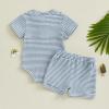 image:imageKuriozud Newborn Baby Boy Summer Clothes Button Short Sleeve Romper Bodysuit Shorts Set Infant Soft Waffle OutfitWaffle Striped Blue