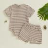 image:imageKuriozud Newborn Baby Boy Summer Clothes Button Short Sleeve Romper Bodysuit Shorts Set Infant Soft Waffle OutfitWaffle Striped Khaki