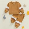 image:imageKuriozud Toddler Baby Boy Fall Winter Clothes Long Sleeve Crewneck Pullover Sweatshirt Jogger Pants Set 2 Piece OutfitWaffle Color Block Brown