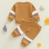 image:imageKuriozud Toddler Baby Boy Fall Winter Clothes Long Sleeve Crewneck Pullover Sweatshirt Jogger Pants Set 2 Piece OutfitWaffle Color Block Brown