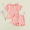 image:imageKuriozud Toddler Baby Girl Clothes Cute Bow Short Sleeve T Shirts Top Ruffle Shorts Set 2 Piece Summer OutfitsRibbed Pink